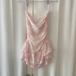 LoveShackFancy Pink and White Floral Cowl Neck Mini Dress